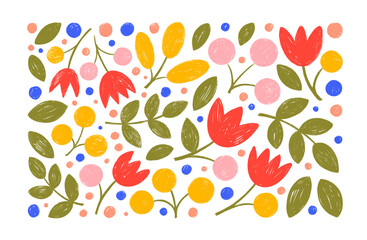 Set of crayon drawn colorful flowers, branches with leaves and berries. Abstract decorative botanical elements, hand drawn vector ethnic blooms and plants. Funky blooms isolated on white background.