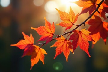 Fototapeta premium Sunlit branch laden with crimson, gold, and russet maple leaves , close-up, forest