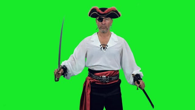 Cinematic style of pirate captain with an eye patch standing with sword on green chroma key background, 4k pre-keyed footage