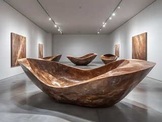 A modern art gallery showcases four large abstract brown wood sculptures in a minimalist white interior space.