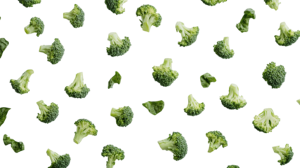 Picked broccoli florets isolated on a white background.