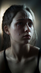 Close-up of a young woman's face, tears streaming down her cheeks, showcasing sadness and vulnerability, representing emotional pain and heartbreak