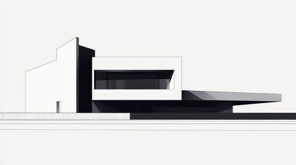 A simple black and white drawing shows a modern city building.  The design is imaginative and shows the building's perspective.
