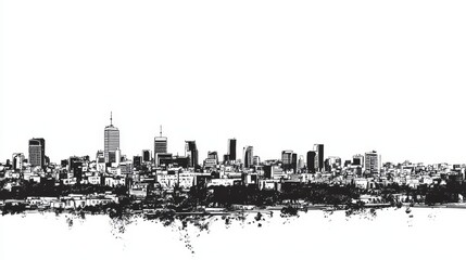 A simple black and white drawing shows a modern view of Tel Aviv, Israel.

