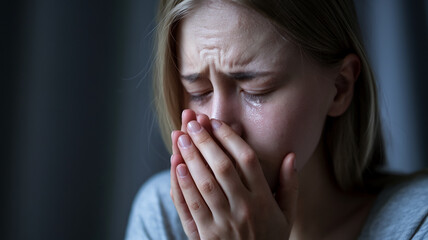 Close-up of woman's face, eyes closed, tears streaming, hands covering mouth, conveying sadness and despair, representing emotional distress and vulnerability