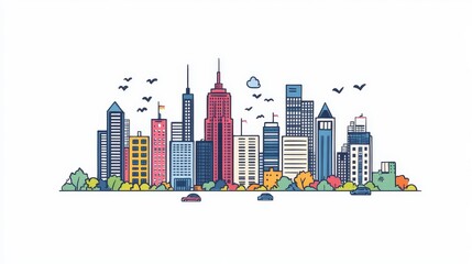 Fototapeta premium A simple drawing of a city skyline with buildings, streets, and cars. 