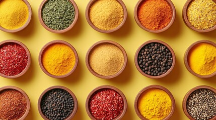 Assortment of aromatic spices in wooden bowls displayed on a bright yellow background