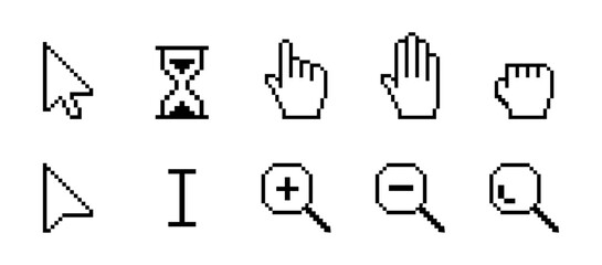 Fototapeta premium Pixel pointer cursor сomputer mouse icon set. Pixel clicking cursor, pointing hand clicks, arrows, hand click pointers, Magnifying Glass, hourglass, check mark, cross mark. Vector Illustration.
