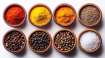 Colorful assortment of spices and seasonings  in small wooden bowls on white background.
