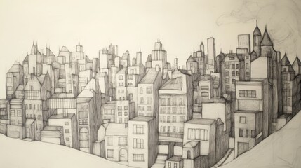 Naklejka premium A simple drawing shows city buildings and houses. It depicts modern skyscrapers and city streets, representing city and suburban life. 
