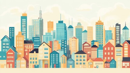 Obraz premium A simple drawing shows city buildings and houses. It depicts modern skyscrapers and city streets, representing city and suburban life. 