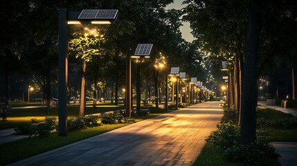 Night scene of a park pathway lit by solar powered lamps.