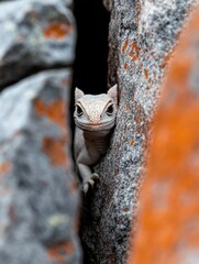 Goanna lizard hiding in a rock crevice, close-up view, natural habitat concept, copy space