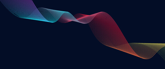 Abstract glowing wave lines on dark blue background. Dynamic wave pattern. Modern flowing wavy lines. Futuristic technology concept. Suit for banner, poster, cover, brochure, flyer, website