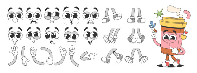 Takeaway coffee cup animated funny drink cartoon character retro groovy mascot constructor set