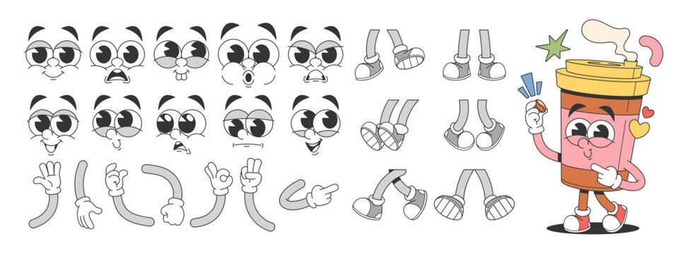 Takeaway coffee cup animated funny drink cartoon character retro groovy mascot constructor set