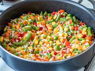 rice and vegetables mix in a pan