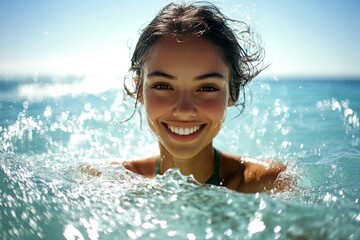 Happy stress-free travel getaway concept art creative design idea. Bright Ñommercial style. Stunning and hot happy middle eastern young woman in green strapless bandeau enjoying turquoise sea,.