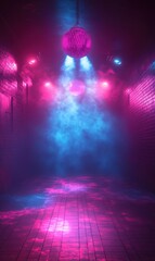 Moody nightclub hallway with disco ball