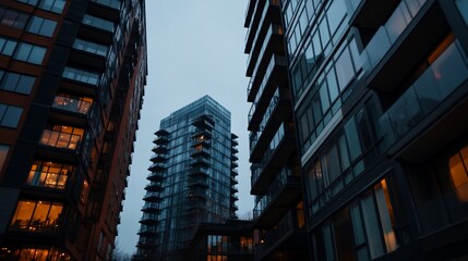Skyscrapers rise into the twilight sky, encapsulating modern urban architecture