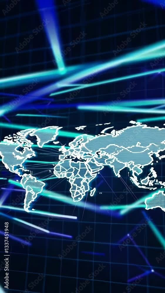 Poster animated global map with dynamic neon grid and light streaks emphasizing connectivity