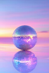 Disco ball reflecting sunset sky on surface