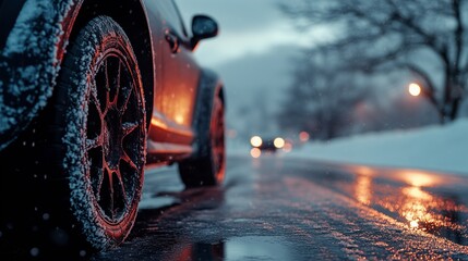 Winter's Grip: A Close-Up of a Car Tire on a Glazed, Icy Road, Reflecting the Twilight Sky and Distant Lights, Capturing the Challenge of Driving in Cold Weather.

