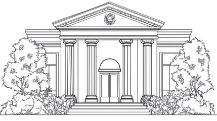 Classic Building Drawing, Front View, Landscaping