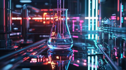 Futuristic science laboratory with a glowing beaker of neon liquid, surrounded by high-tech research equipment.

