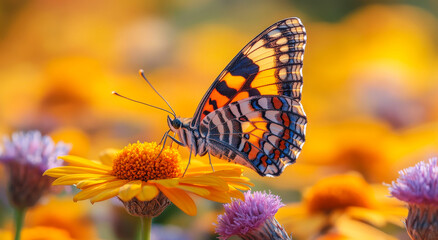Colorful butterfly on blooming flowers. A vibrant butterfly rests on a yellow flower, surrounded by colorful blossoms in a sunlit garden during spring.