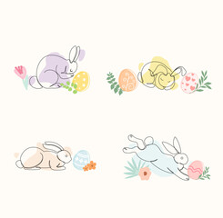 Colorful decorated Bunnies and Easter eggs with floral, geometric, leaves, patterns. Flat vector illustration style. Easter celebration holiday concept