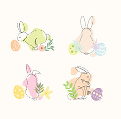 Colorful decorated Bunnies and Easter eggs with floral, geometric, leaves, patterns. Flat vector illustration style. Easter celebration holiday concept