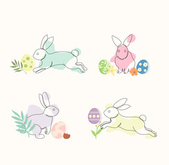 Colorful decorated Bunnies and Easter eggs with floral, geometric, leaves, patterns. Flat vector illustration style. Easter celebration holiday concept