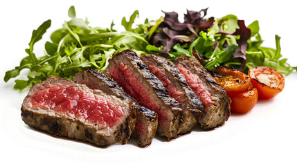 A plate of meat with a side of vegetables. The meat is cut into slices and is served on a white plate. The vegetables include tomatoes and lettuce. The plate is set on a white background