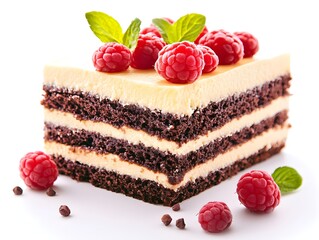 A delicious slice of layered chocolate cake topped with fresh raspberries and mint leaves sits on a white background.