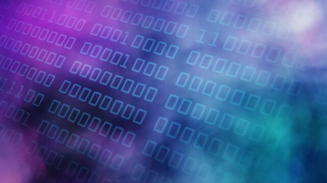 Digital technology based binary code of ones and zeroes slowly moving away from camera over a science and technology themed background  magenta pink and blue cyan background formed of cloudy haze [4K]