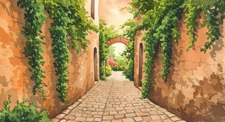 Obraz premium Exploring Old Town Alley with Stone Path and Lush Greenery