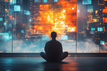 Person Meditating Futuristic Cityscape View