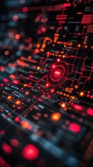 Obraz premium Abstract close-up of a futuristic circuit board with glowing red and orange lights, showcasing technology