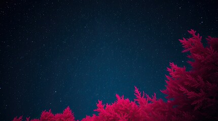 Beneath a starry sky rich red foliage creates a stunning contrast against the deep blue backdrop at night in a peaceful natural setting