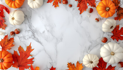 Obraz premium Autumn card mockup on marble and white space. Orange pumpkins and red leaves frame. Concept of harvest festival, Thanksgiving invitation, October theme, and stylish seasonal presentation