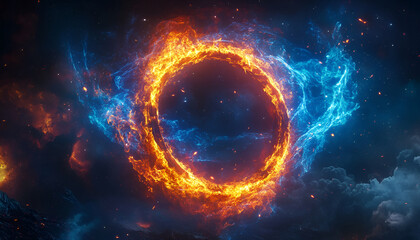 Obraz premium Fiery and icy circle in cosmic space. Abstract concept of fire and ice. Concept of contrast, energy, balance, and cosmic design. Black hole,