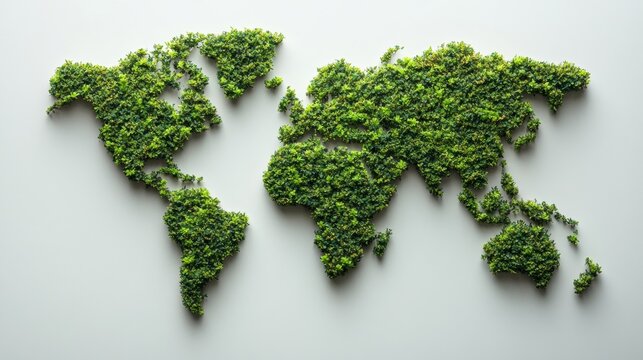 Eco-friendly world map made of greenery, symbolizing sustainability and environment. - Powered by Adobe