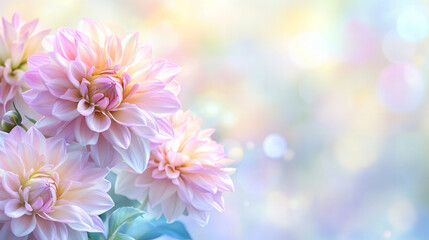 Fototapeta premium Elegant pastel dahlia flowers with soft petals and dreamy bokeh background, perfect for wedding invitations, feminine decor, floral prints, and romantic spring celebrations