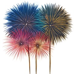 A vibrant display of colorful fireworks bursts against a stark white background creating a festive and celebratory atmosphere.