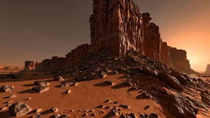 Massive rock formations with vertical cliff walls dominate a rocky desert landscape with scattered boulders, illuminated by warm golden sunset light - Powered by Adobe