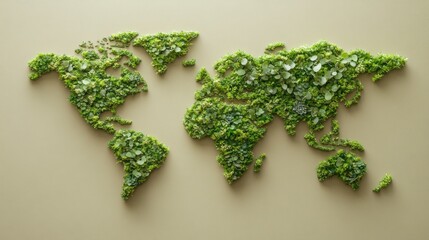 Eco-friendly world map made of greenery, symbolizing sustainability and environment.