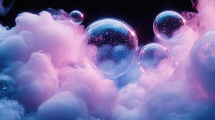 Colorful soap bubbles floating above soft pastel clouds in a dreamy, abstract background