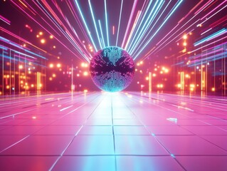Disco ball in neon light tunnel