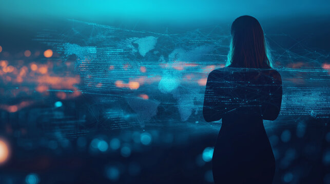 Businesswoman analyzing global data flow in futuristic interface